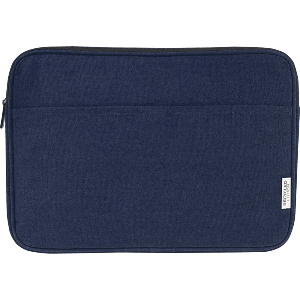 A laptop sleeve in navy blue and black, made from recycled canvas, featuring a zip closure and branding.
