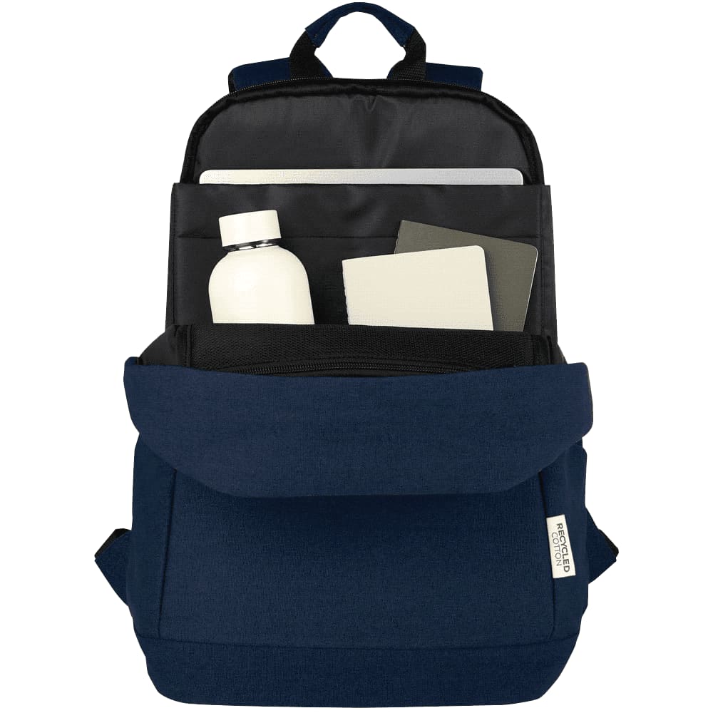 A navy blue laptop backpack with a label indicating it is made from recycled cotton.