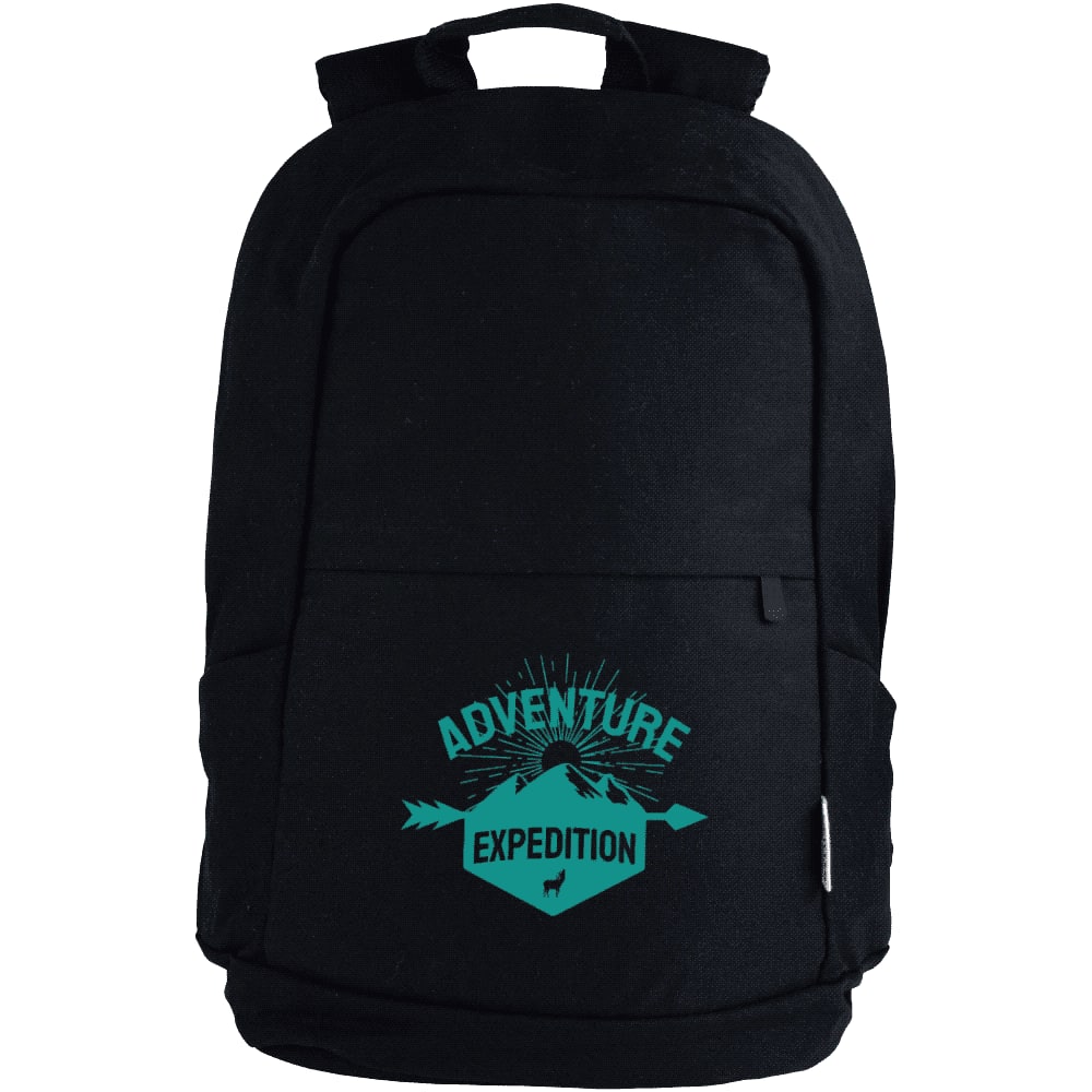 A navy blue laptop backpack with adjustable straps resting on a silver suitcase. It has a logo on the side.