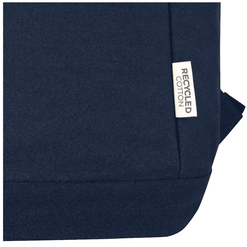 A navy blue recycled canvas laptop backpack with anti-theft features and a front pocket, showcasing a logo.