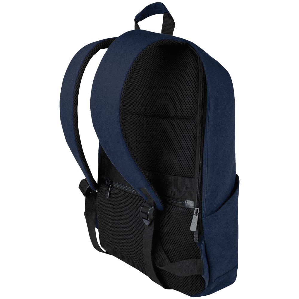 A black recycled canvas laptop backpack featuring padded straps and multiple pockets. Includes a logo on the exterior.