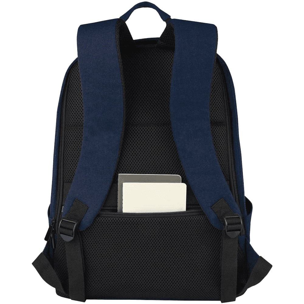 A black anti-theft laptop backpack featuring padded shoulder straps and a pocket for documents.