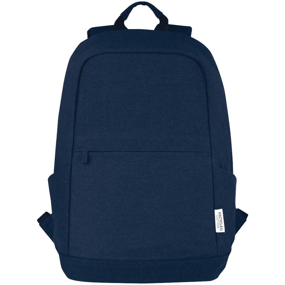 A black recycled canvas laptop backpack with anti-theft features and multiple compartments. It has adjustable straps and a logo.