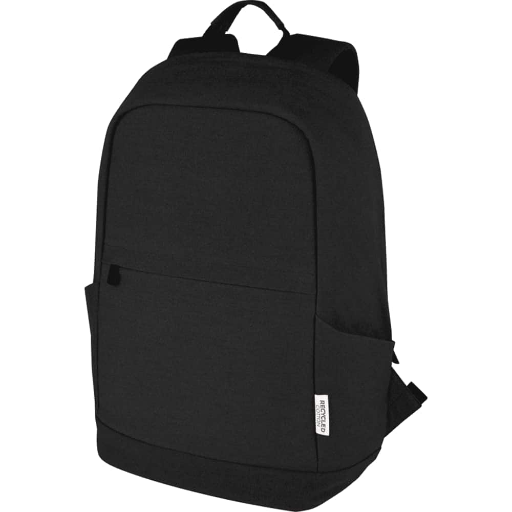 A navy blue laptop backpack featuring padded shoulder straps and a mesh back panel, with an inner pocket visible.