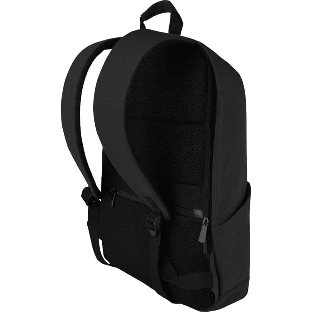 A navy blue laptop backpack with a sleek design, featuring a front pocket and adjustable straps, also has a logo.