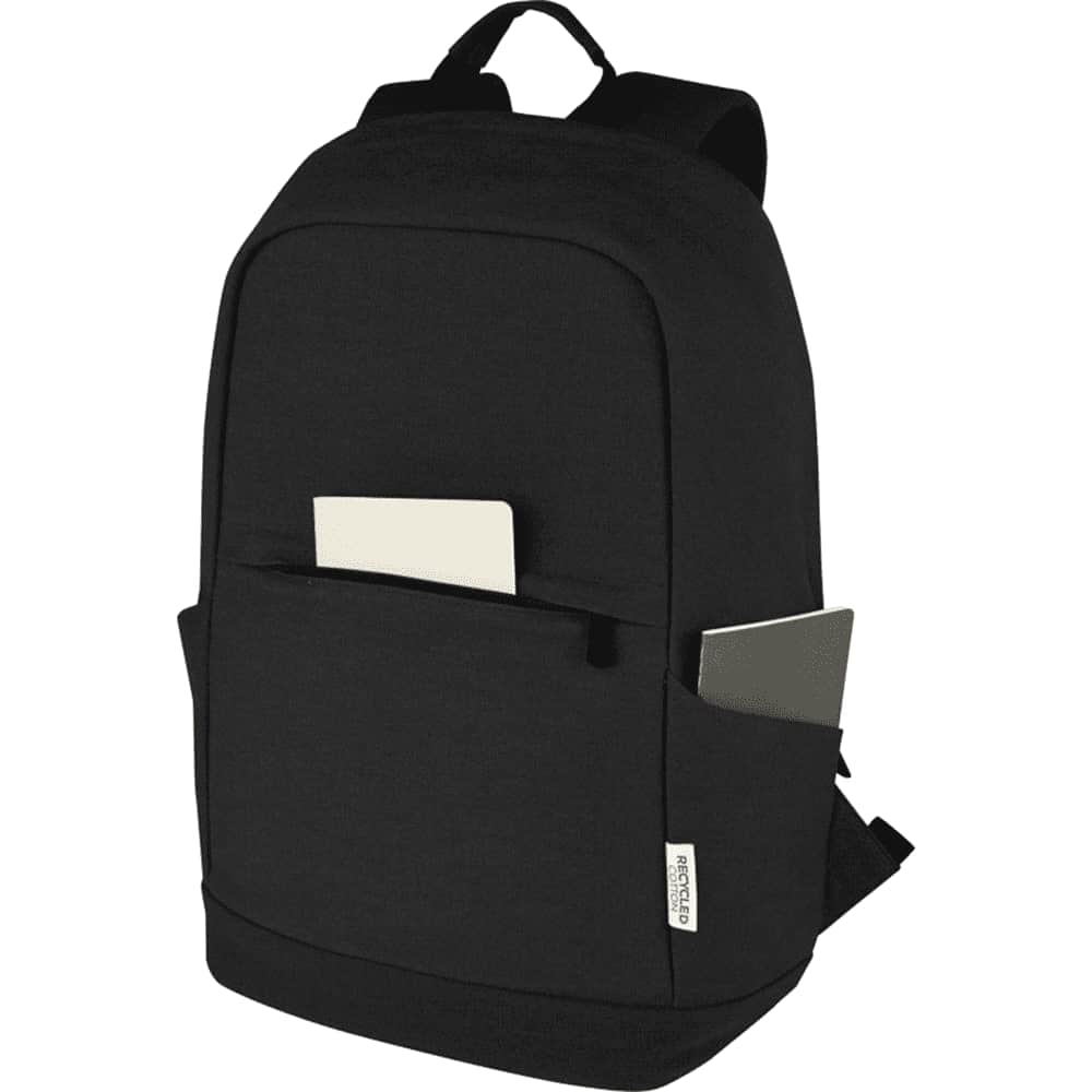 A navy blue laptop backpack with a bottle, notebooks, and a folder visible inside. It features a logo on the exterior.