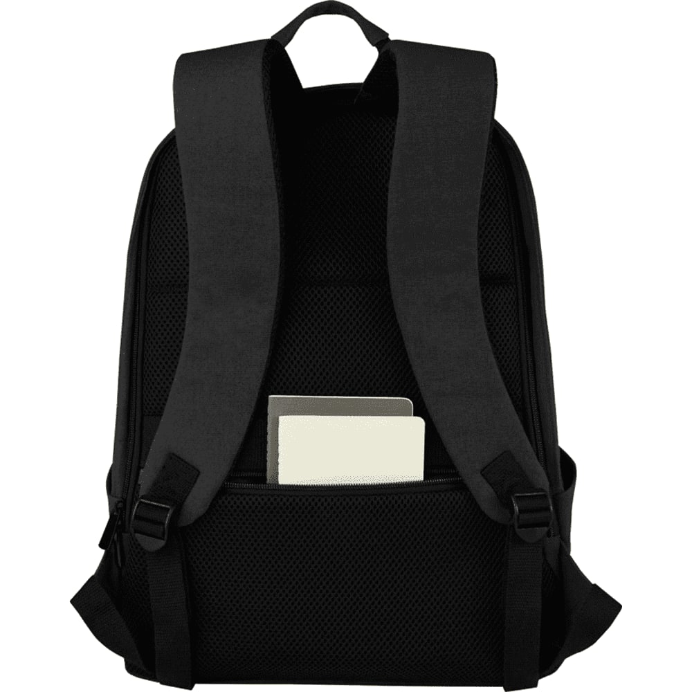 A black recycled canvas laptop backpack with two side pockets, designed for anti-theft and holds a laptop up to 15 inches.