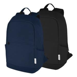 A navy backpack with a large pink logo, featuring multiple compartments and a tag attached. Perfect for carrying a laptop.