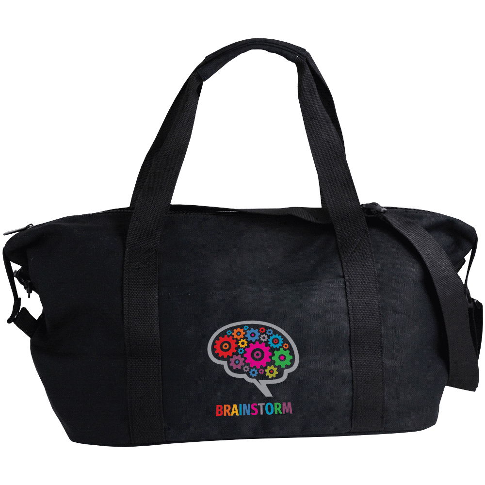 A black duffle bag with sturdy handles, features a front pocket and has a logo on the side. Ideal for sports or travel.