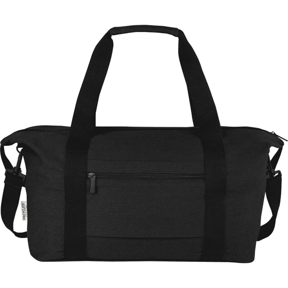 A black duffle bag with a colourful logo and two sturdy handles, featuring a recycled canvas material.