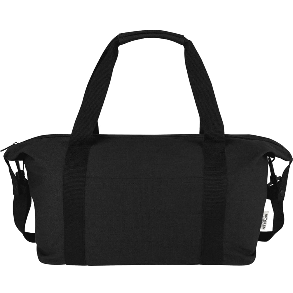 A black recycled canvas sports bag with dual handles and an adjustable shoulder strap. It features a front zip pocket.