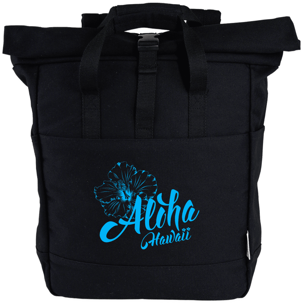A black recycled canvas backpack tote featuring a round pattern and a logo. The bag has two sturdy handles.