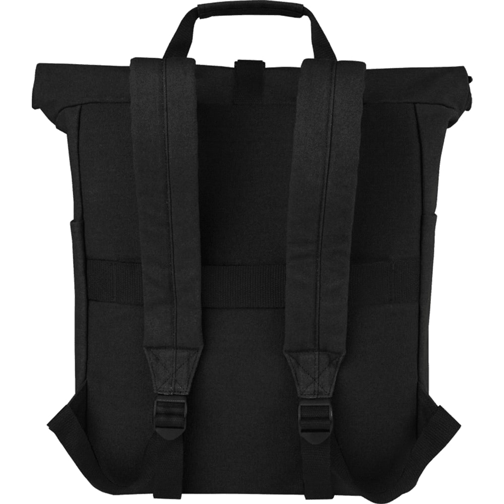 A black recycled canvas backpack tote featuring blue floral graphics and a logo. The bag has dual handles and adjustable straps.