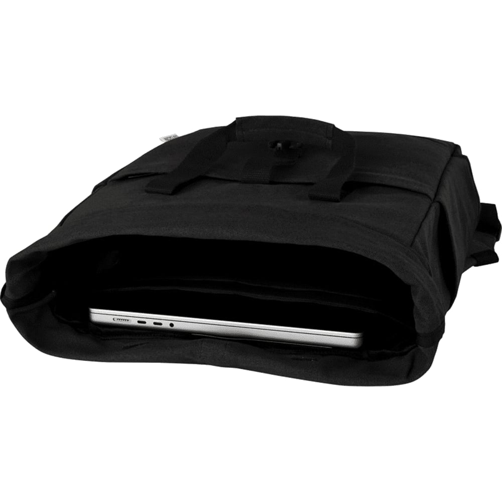 A black recycled canvas backpack tote with adjustable straps and a top handle, featuring a logo.