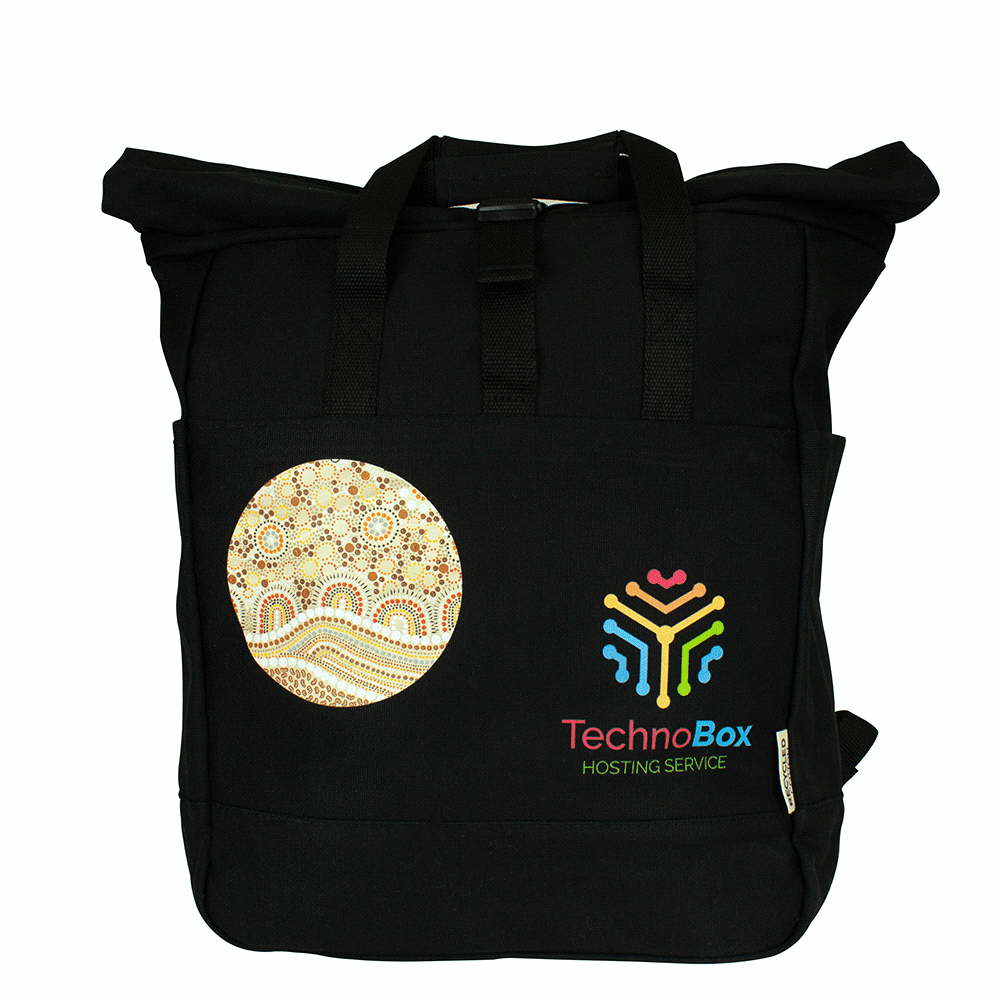 A black recycled canvas backpack tote featuring adjustable straps, a front pocket, and a side pocket for a drink bottle.