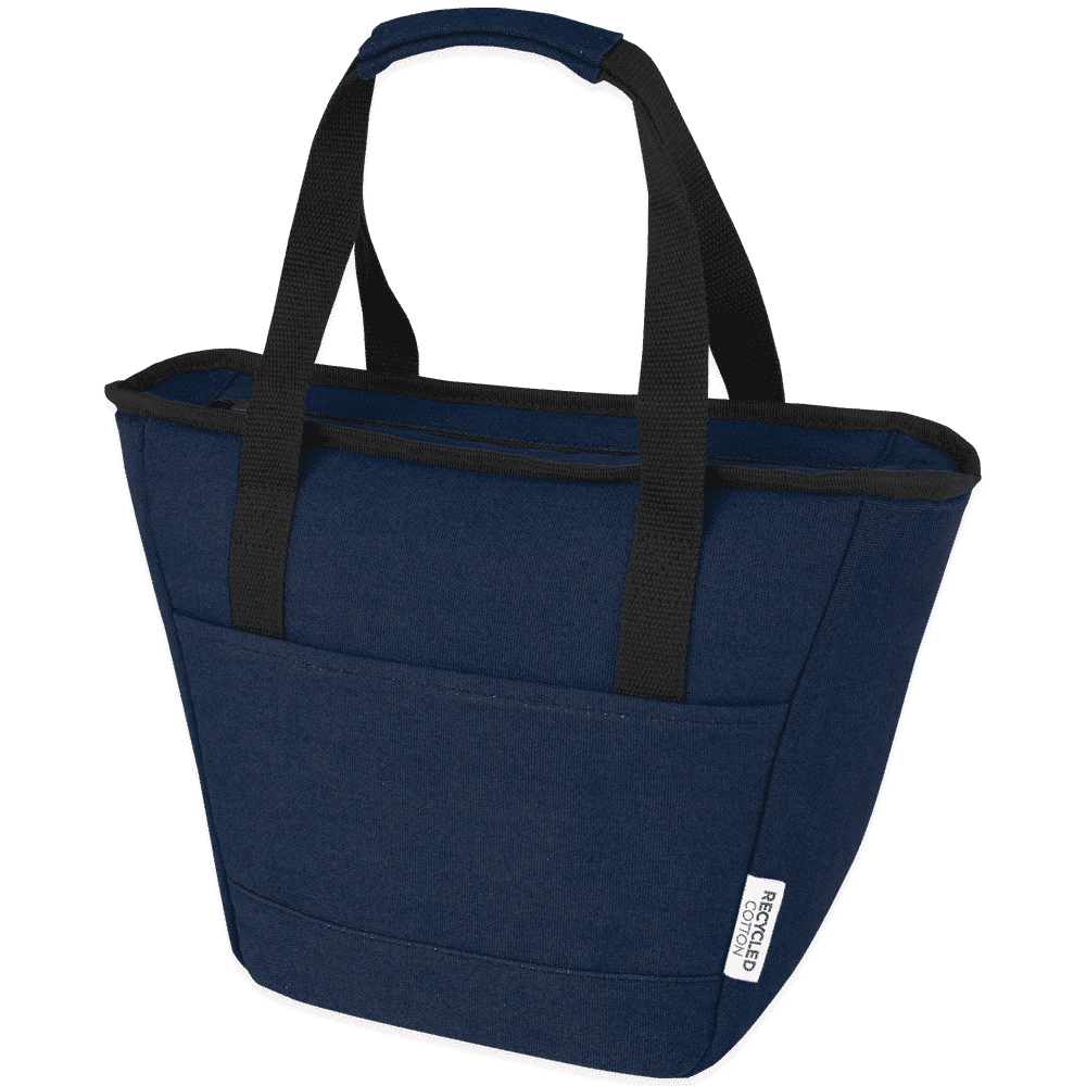 A black cooler tote bag with short handles and a logo. It features a green design element and is made from recycled canvas.