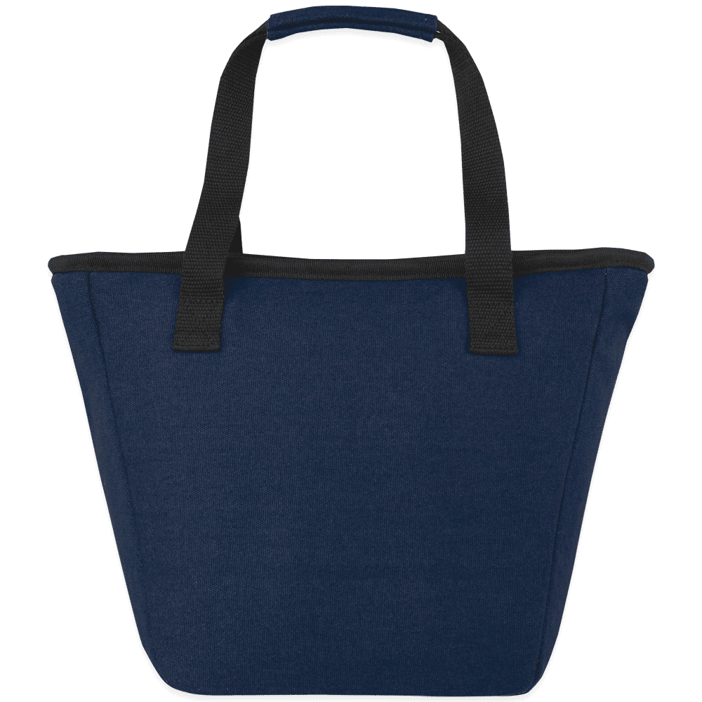 A navy cooler tote bag with black trim and dual handles. It features a logo on the front.