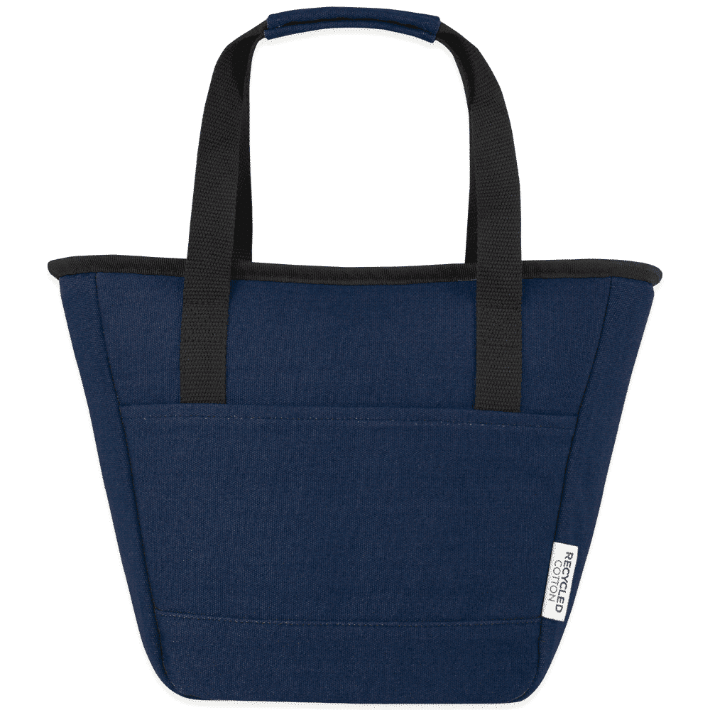 A navy blue cooler tote bag with black handles and a side pocket, featuring a logo.
