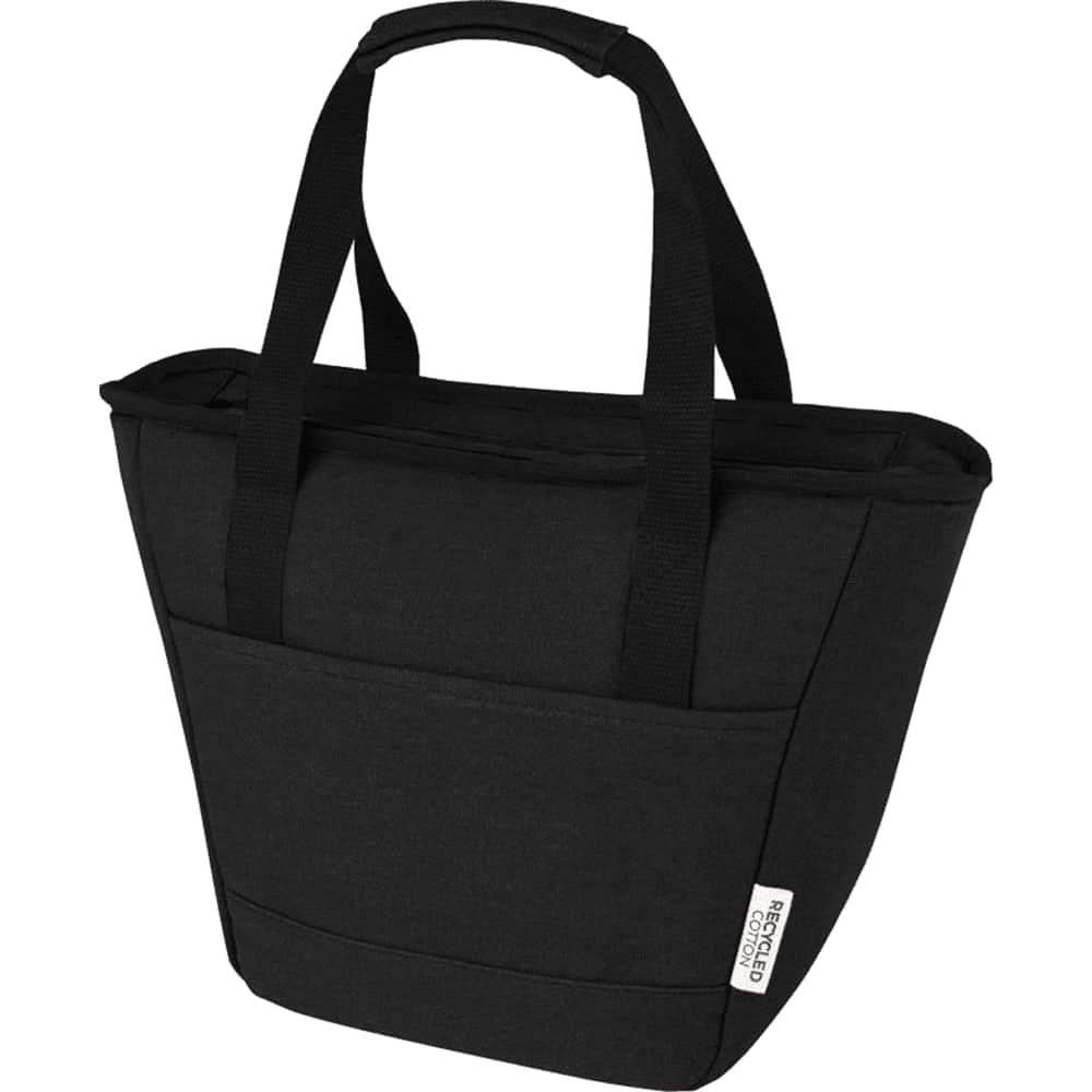 A blue cooler tote with black straps, featuring a logo and a drink bottle at the side.
