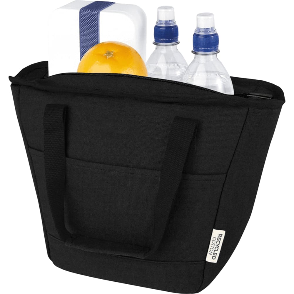 A black cooler tote with two water bottles and an orange inside, featuring a logo on the side.