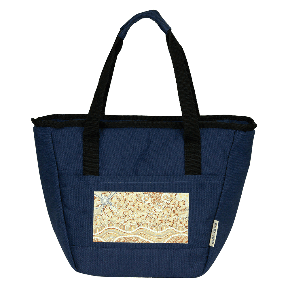 A navy cooler tote featuring a decorative panel, sturdy black handles, and a logo on the side.