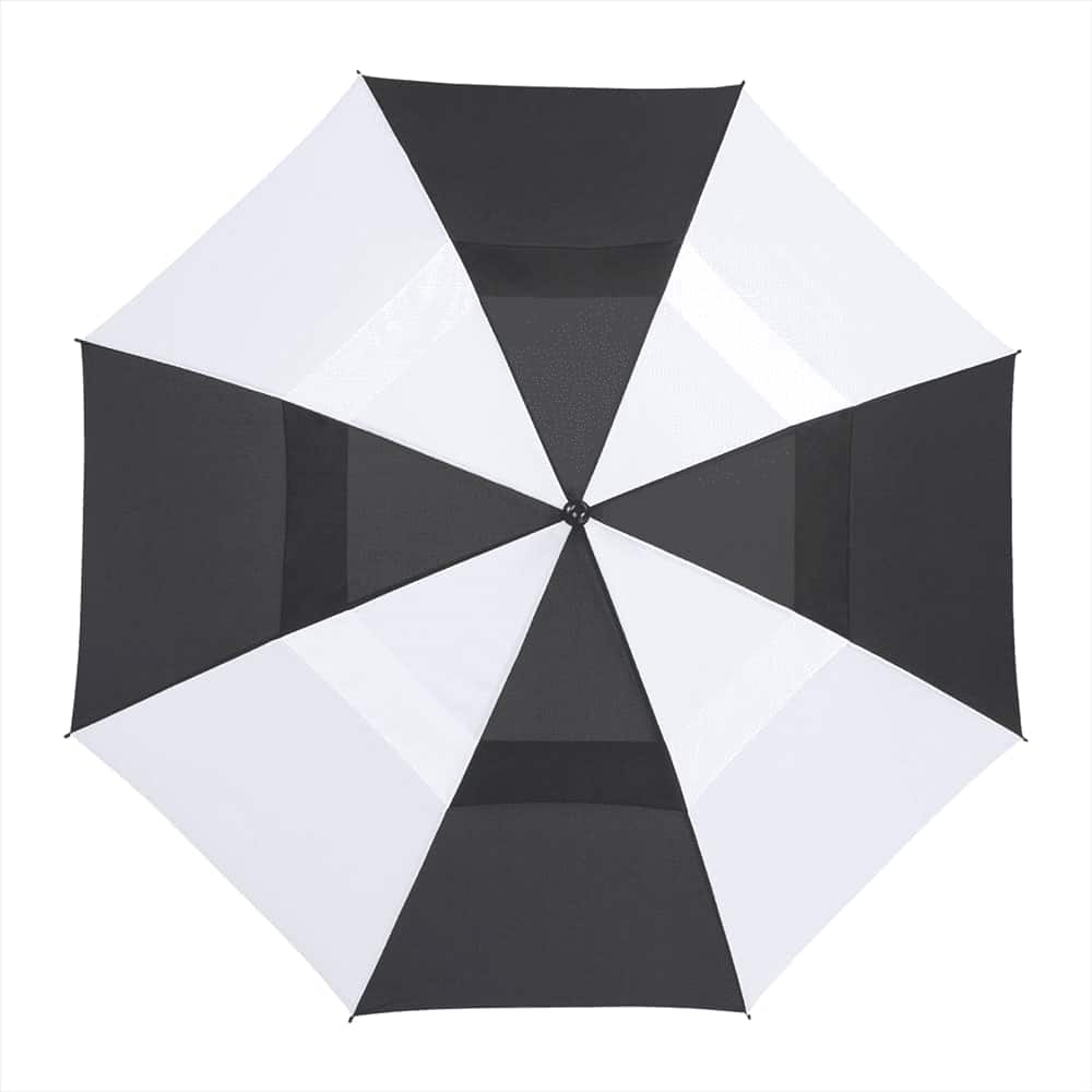 A black, recycled golf umbrella with an octagonal shape, featuring a central hub and a brand logo.