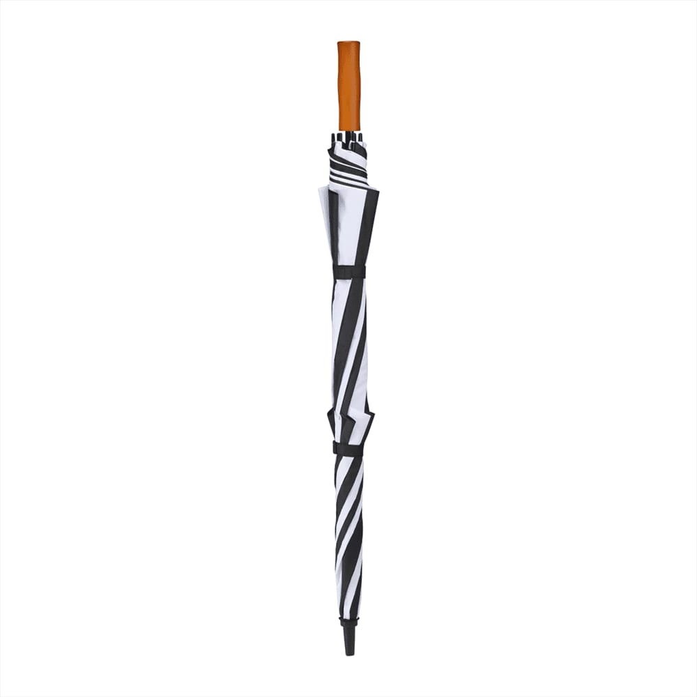 A black and white striped golf umbrella with a wooden handle, featuring a logo.