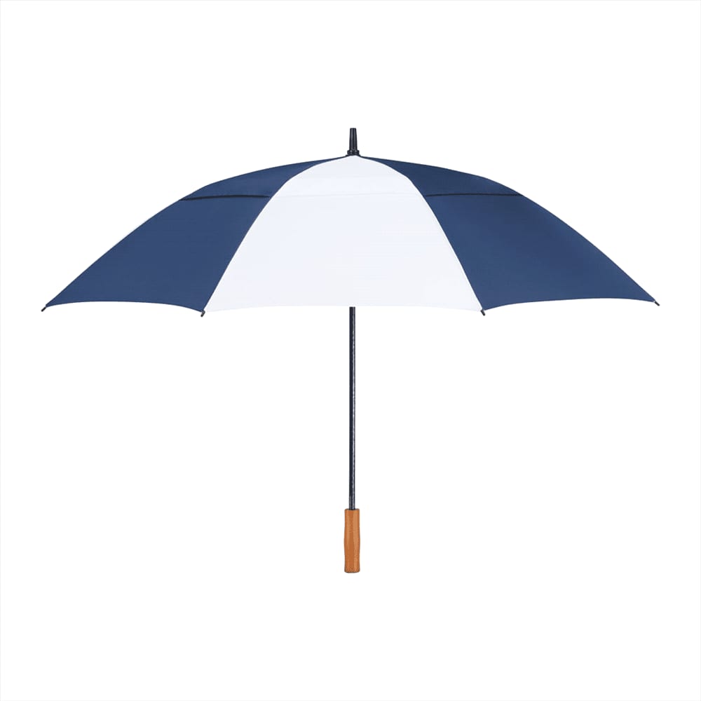 A navy blue recycled golf umbrella with a wooden handle and a branding logo.
