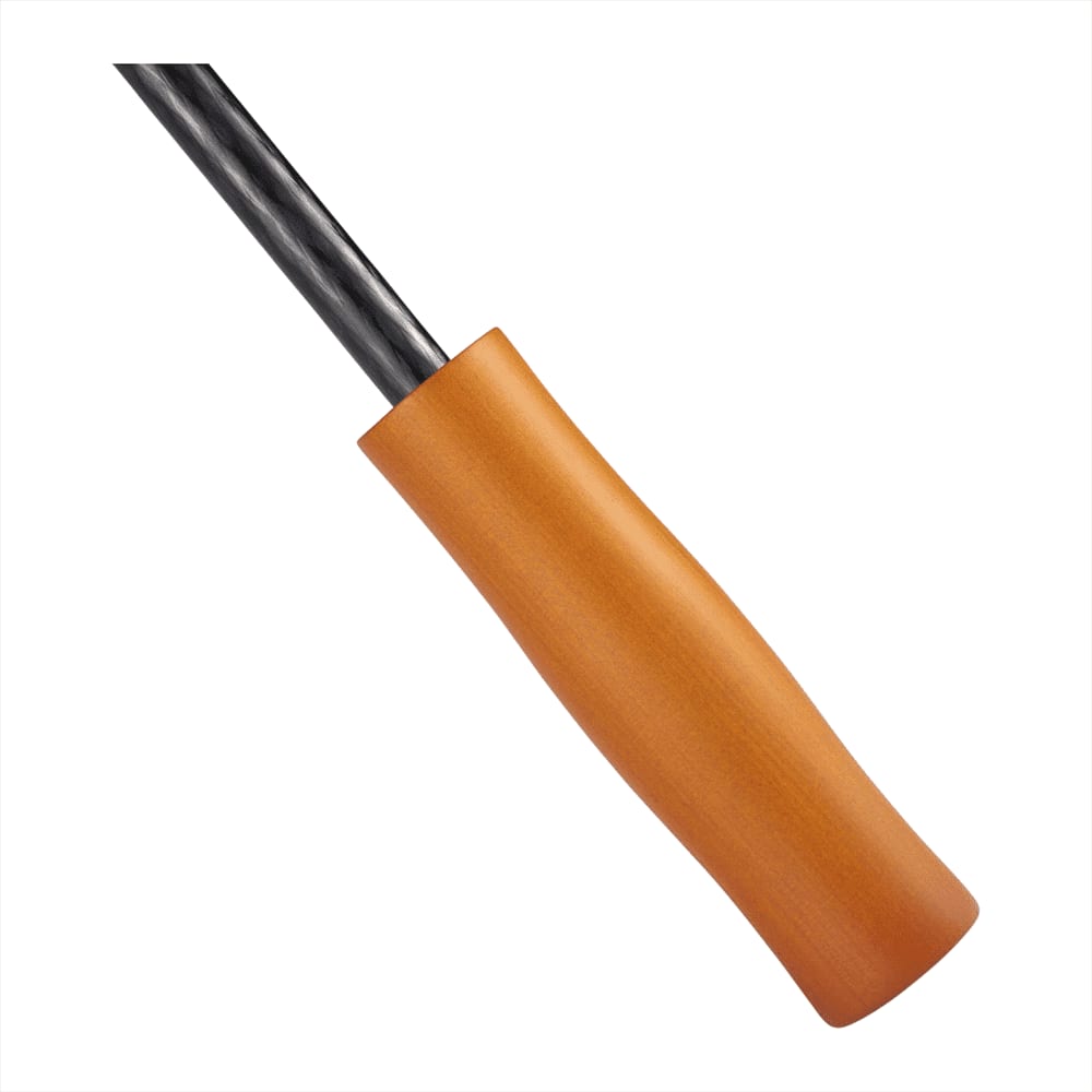 A black golf umbrella shaft featuring a wooden handle, designed for durability and grip.