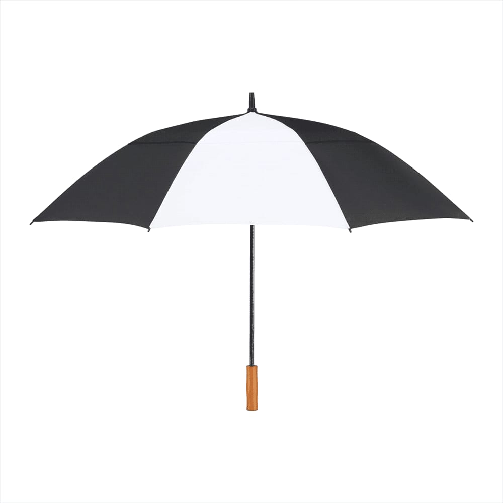A black recycled golf umbrella with a wooden handle and a sturdy frame. It features a branding logo.