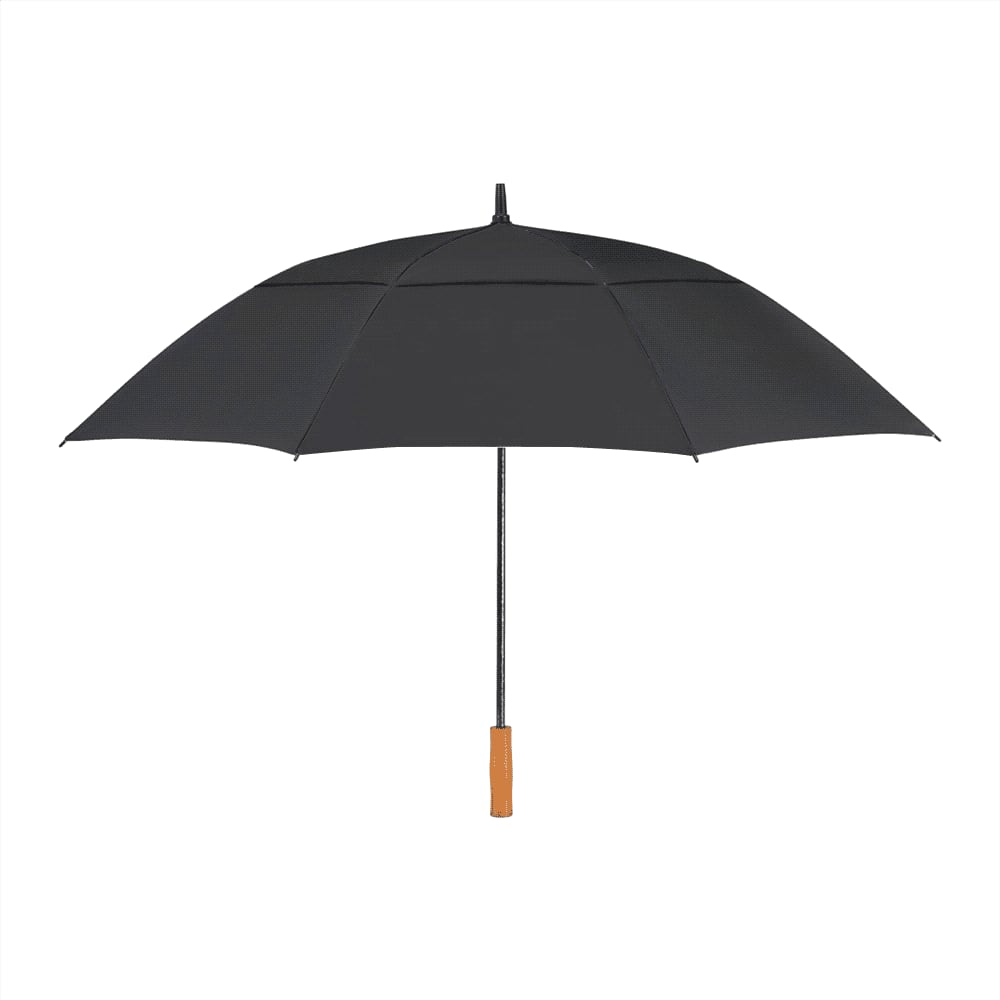 A collection of four golf umbrellas in black, navy blue, and white, featuring a logo on each umbrella.