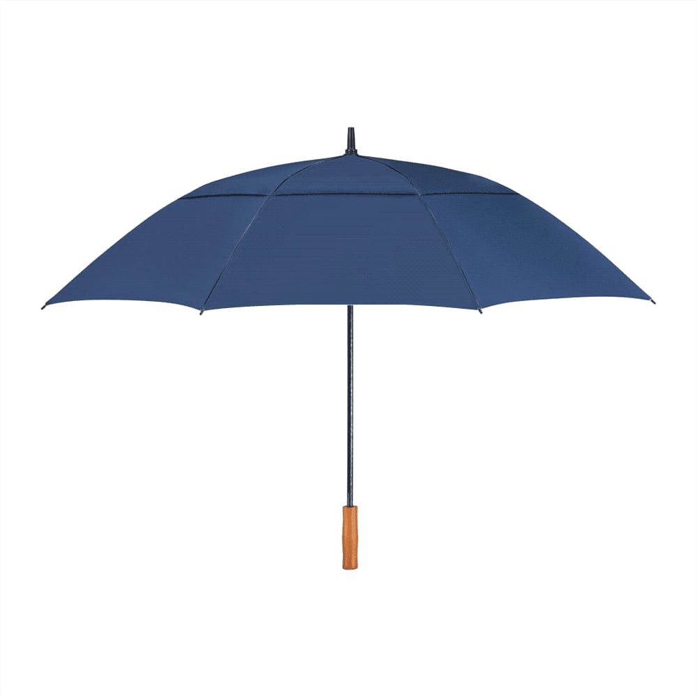 A black and white recycled golf umbrella with a wooden handle and a central support structure.