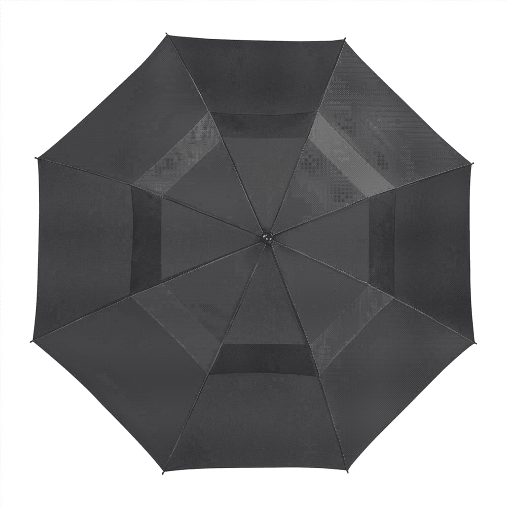 A recycled golf umbrella with a navy blue and white canopy, featuring a wooden handle and a logo.