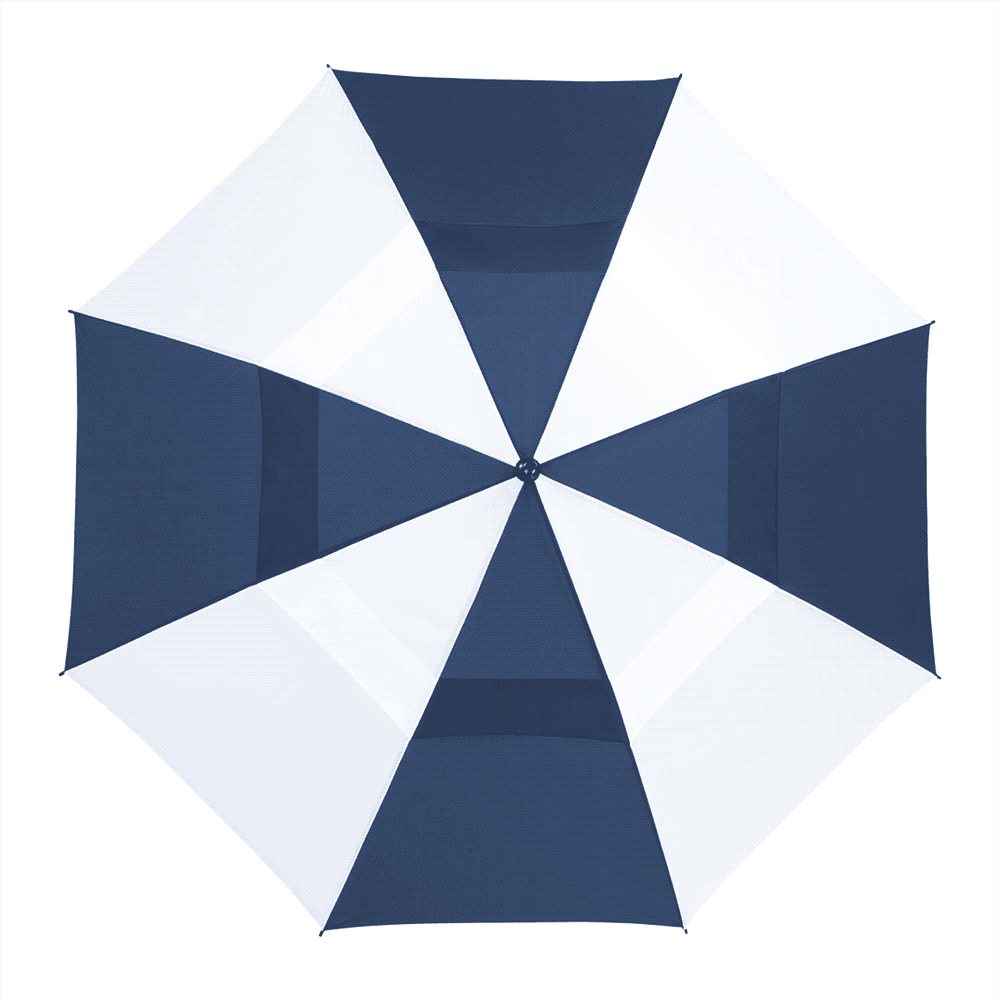 A navy blue, recycled golf umbrella featuring an octagonal shape and a central opening mechanism. It has a logo.