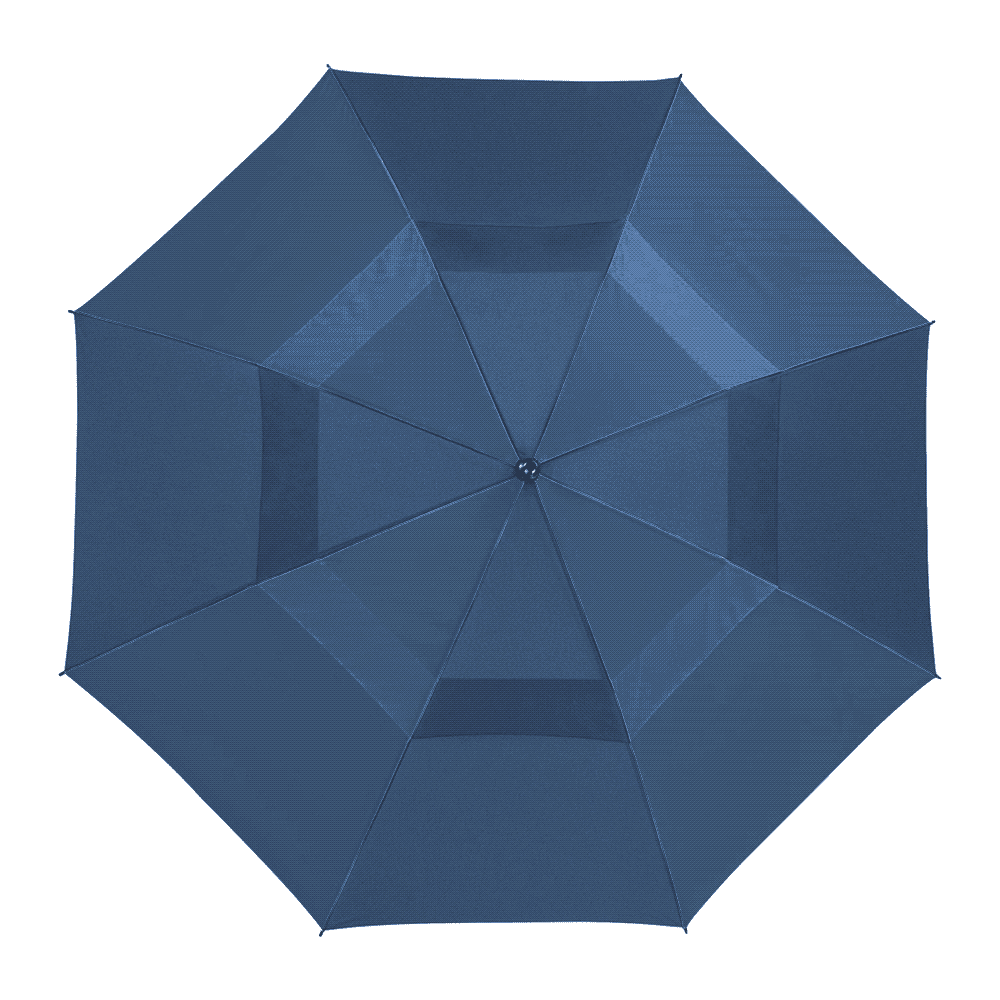 A black and white recycled golf umbrella featuring a central opening and a logo on the handle.