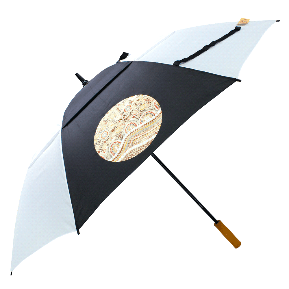 A navy and white recycled golf umbrella featuring a triangular panel design and a central logo.