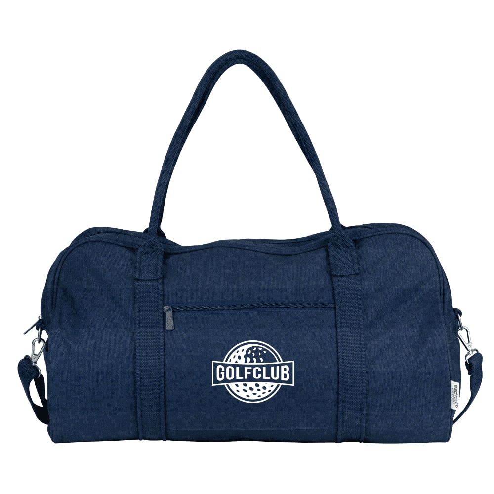 A navy blue recycled canvas duffel bag with two handles and an open top, featuring an interior compartment.