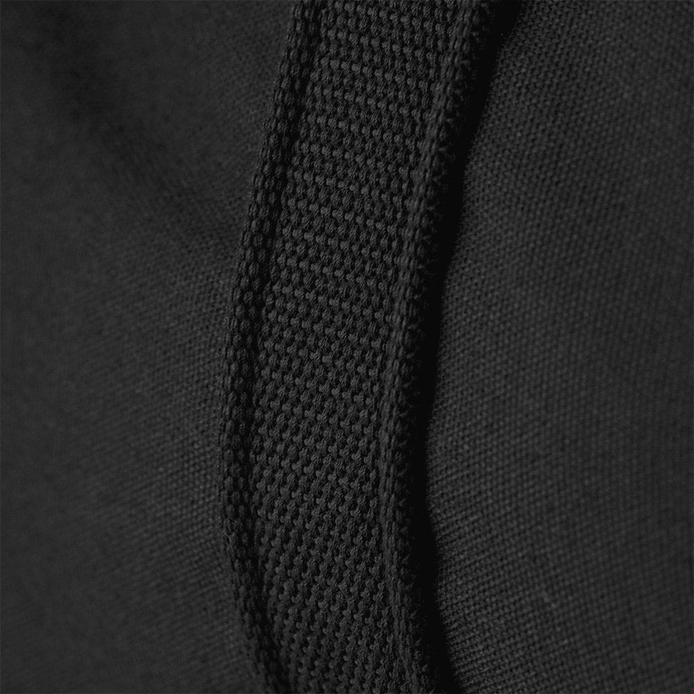 Close-up of a black duffel bag featuring textured fabric and sturdy stitching along the strap.