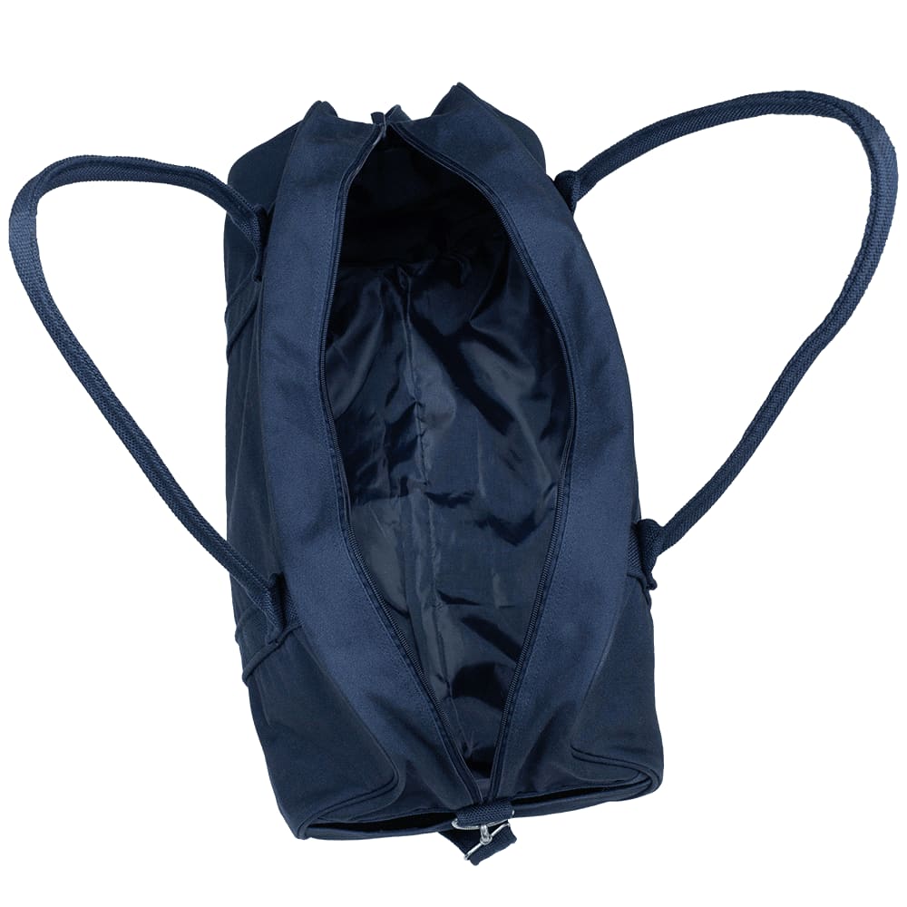 A dark blue duffel bag with a sturdy handle and adjustable shoulder strap, featuring a logo.