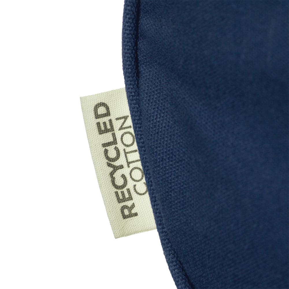 A close-up of a navy blue duffel bag featuring a zippered pocket and textured fabric. It has a logo present.