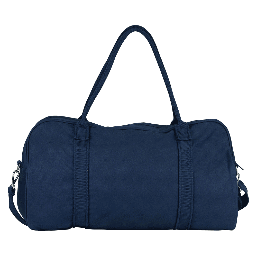 A navy duffel bag with dual handles, a shoulder strap, and a front zipper pocket. It features a logo.