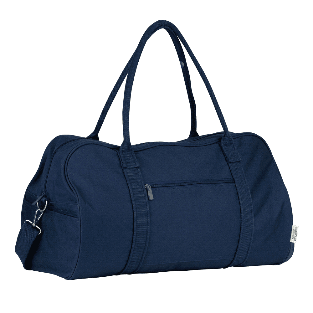 A navy duffel bag with multiple pockets, featuring a drink bottle and various items stored inside.