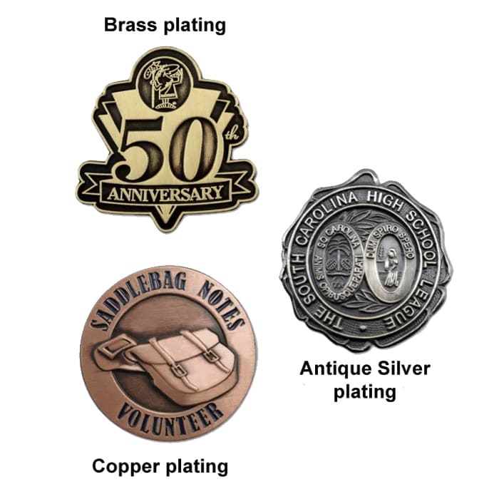 A collection of die cast zinc alloy lapel pins in brass, antique silver, and copper plating. Each pin features a unique design and logo.
