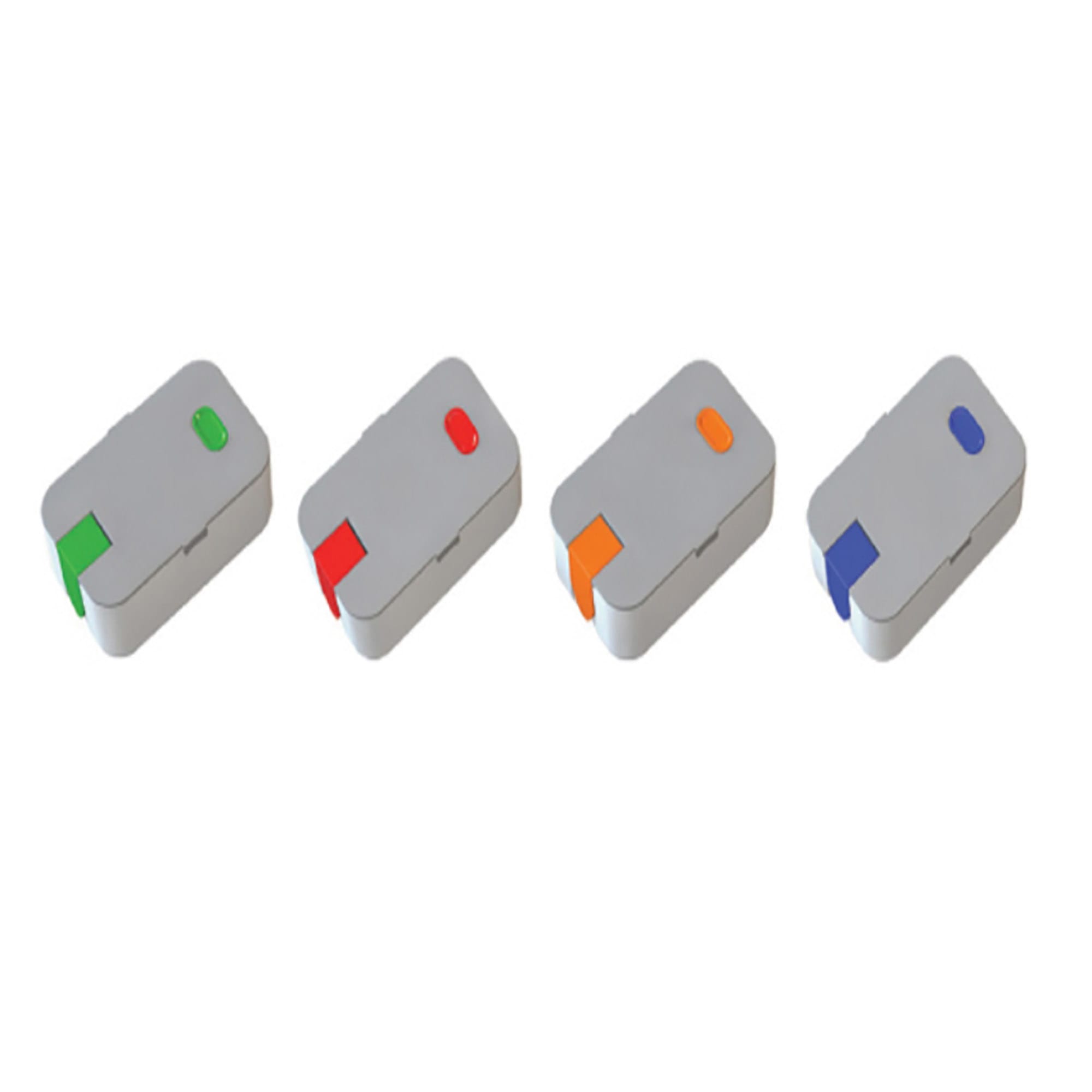 A set of four lunch boxes in grey with coloured tabs: green, red, orange, and blue. Each box has a unique colour.