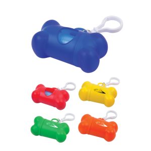 A colourful assortment of bone-shaped waste bag dispensers in blue, red, green, orange, and yellow, featuring a clip.