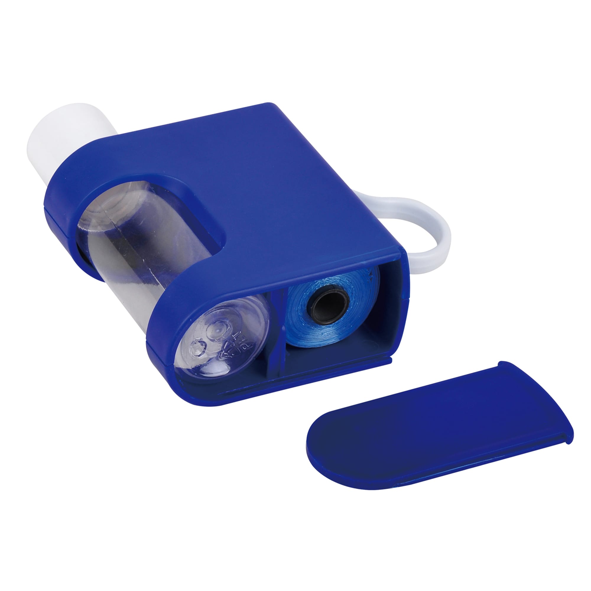 A blue rubbish bag and bottle holder featuring a transparent drink bottle compartment and a roll of rubbish bags inside.
