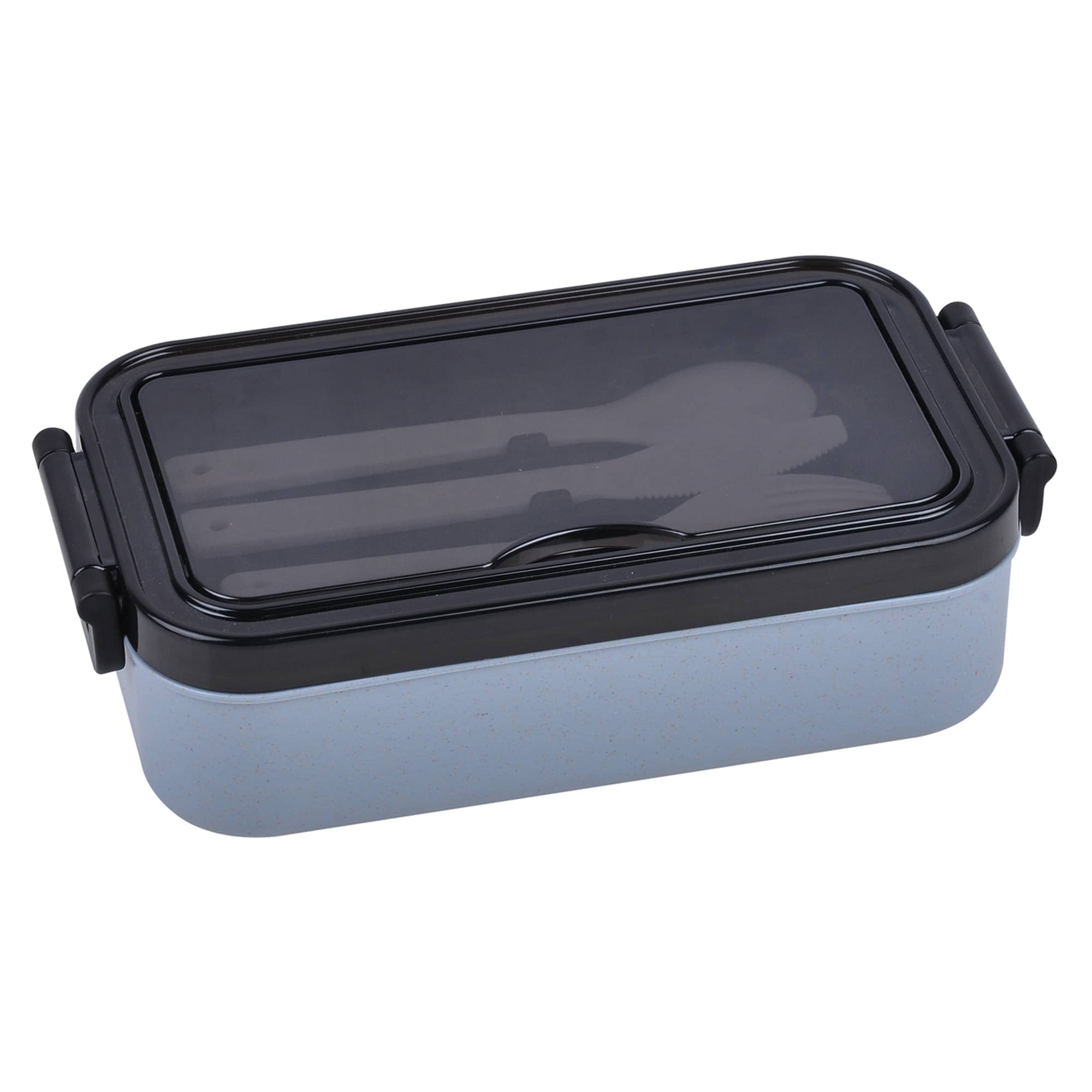 A blue lunch box with 304 stainless steel utensils inside, featuring a transparent lid and black accents.