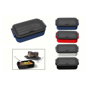 A lunch box in blue, red, black, and grey, includes a fork, knife, and spoon, featuring a logo on the lid.