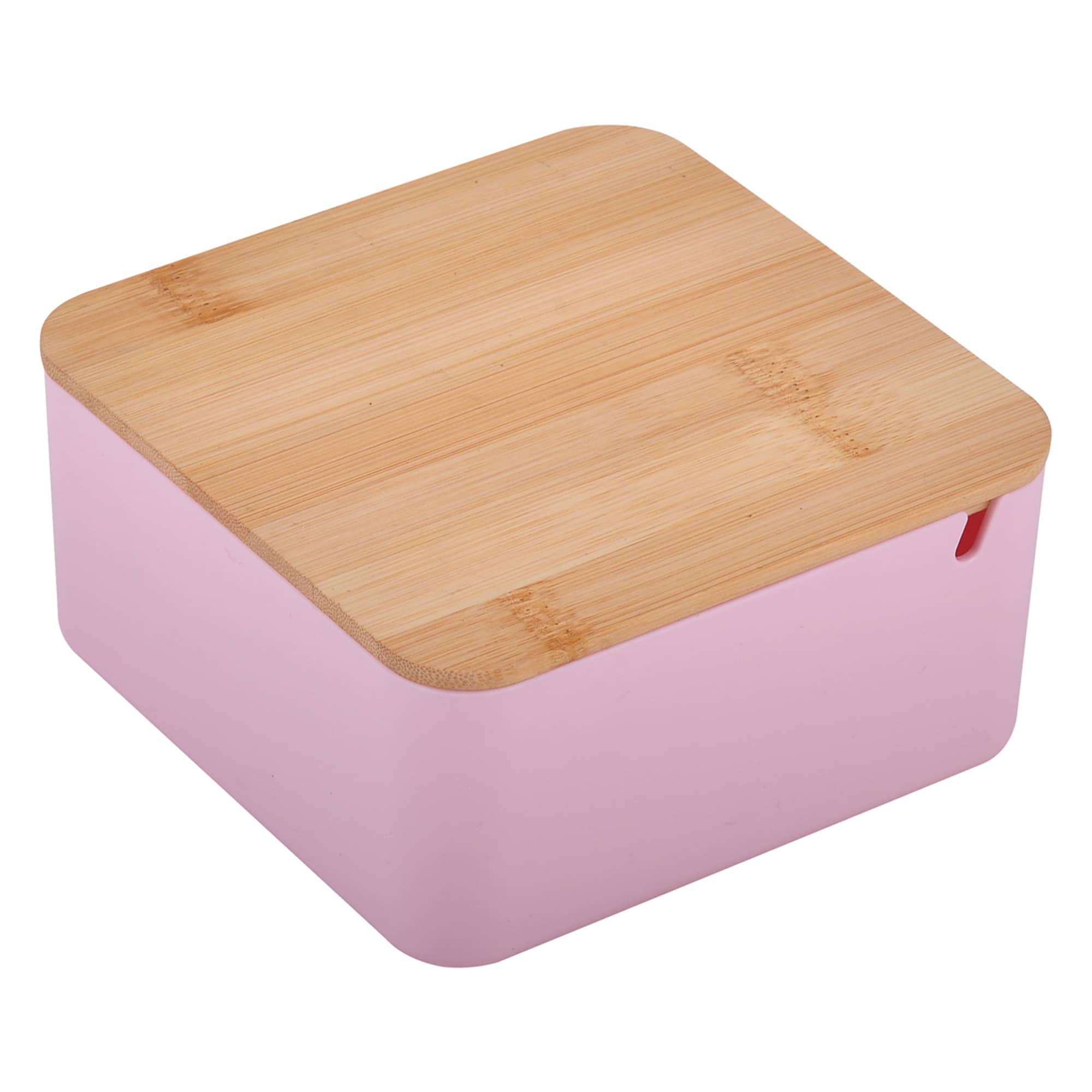 A square pink beauty case with a bamboo lid and a small red detail. It has a logo on the front.