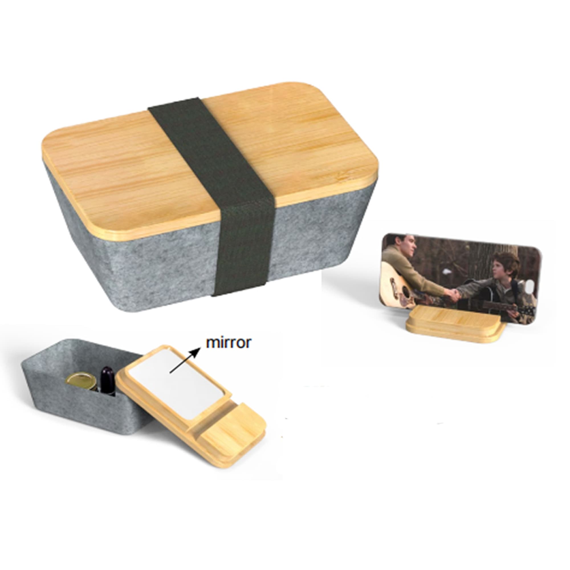 A grey and bamboo beauty case with a mirror and storage, featuring a green strap for closure.